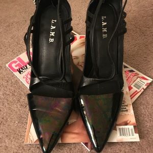 LAMB Black and Iridescent Leather Strappy Pumps